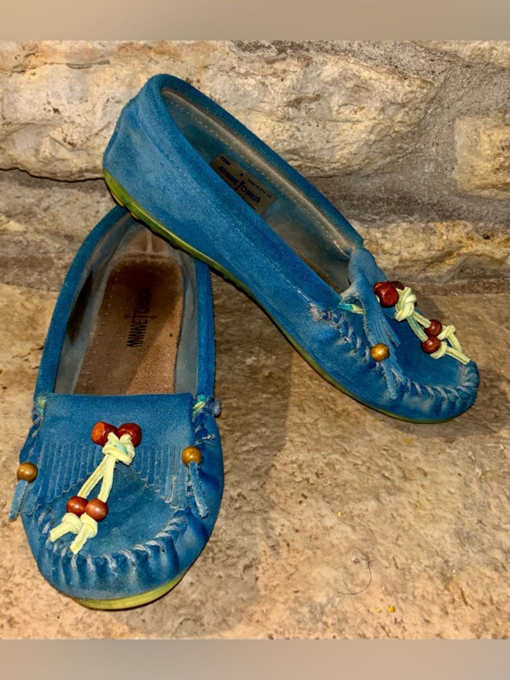 MINNETONKA 326x Teal Suede Nubuck Moccasins Neon Yellow Tie Soles W’s 8